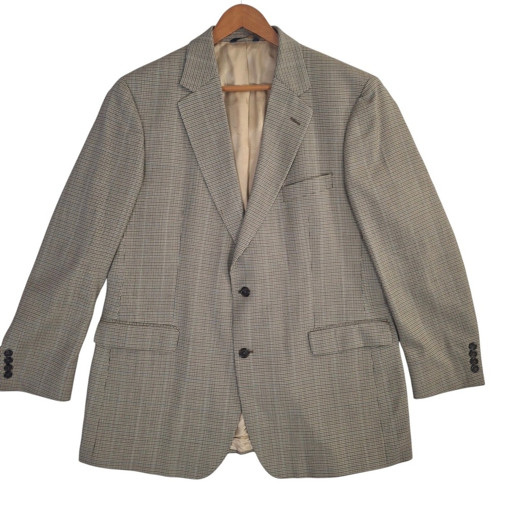 Brooks Brothers 346 Mens 46L Wool Blazer Tan Blue Houndstooth Sport Coat